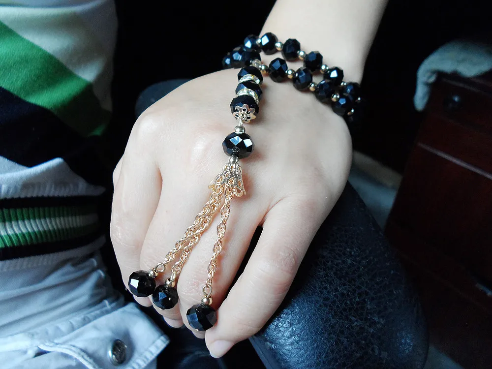 Винтаж мусульманские религиозная молитва бусины 2R Веревка Цепи стрейч tasbih браслет ювелирные изделия, Черный Кристалл Ислам для
