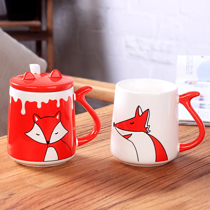 Керамическая кружка с рисунком лисы из мультфильма, с крышкой, чайная ложка, чайная чашка, кофе, молоко, чайная кружка, тассе, кафе, домашняя посуда для напитков