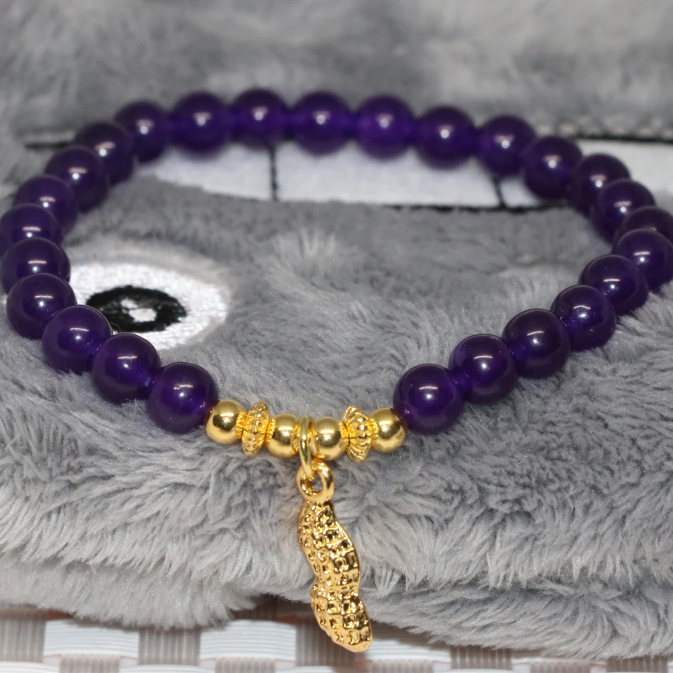 

Gold-color accessory 6mm natural stone chalcedony jades purple round beads strand elastic bracelets women jewelry 7.5inch B1944