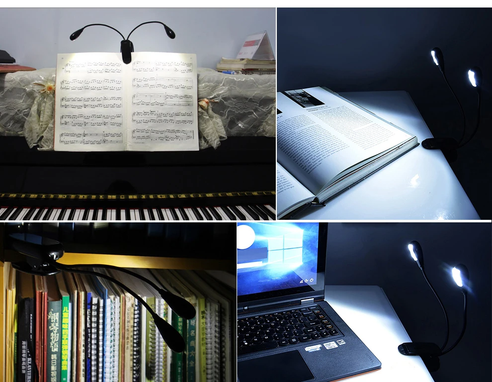 Портативная светодиодная USB книжная лампа 8 светодиодный s с зажимом на двух ручках для чтения музыки и книг Гибкая супер яркая настольная лампа