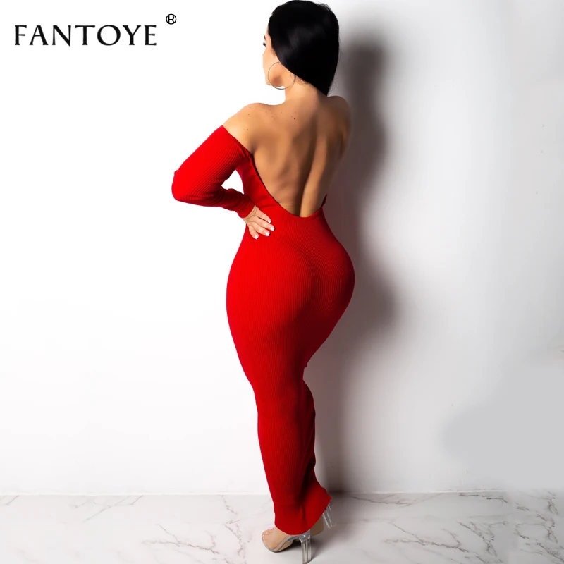 Fantoye сексуальное с открытой спиной ребро Длинное Платье Женское Vestidos с открытыми плечами платье макси с длинным рукавом Рождественская вечеринка без бретелек облегающее платье