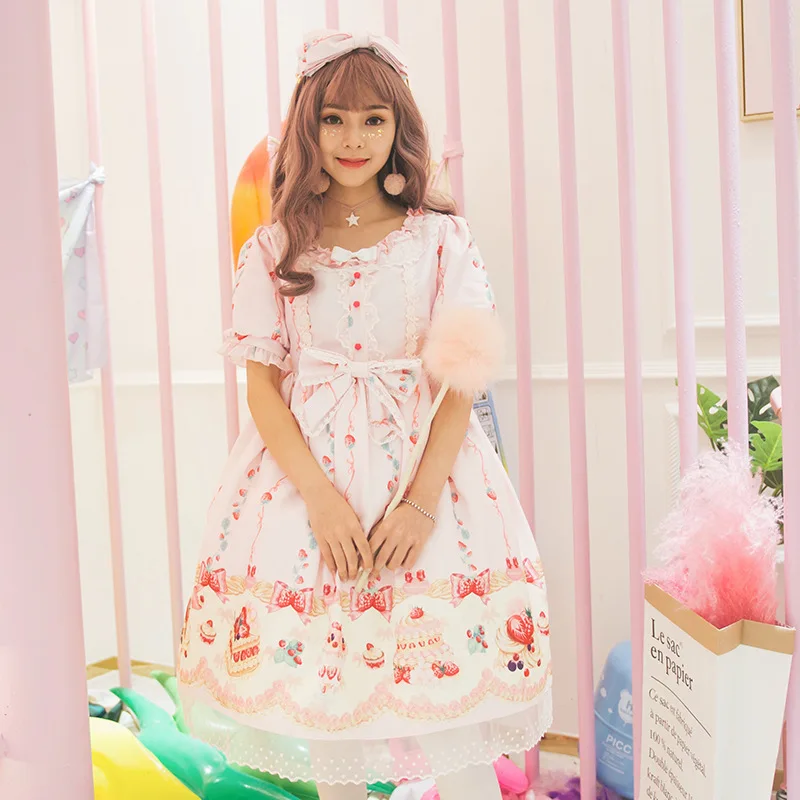 

Kawaii Strawberry Angel LOLITA Princess dress Japanese Sweet Lady High Waist Bow OP Lolita Dress women