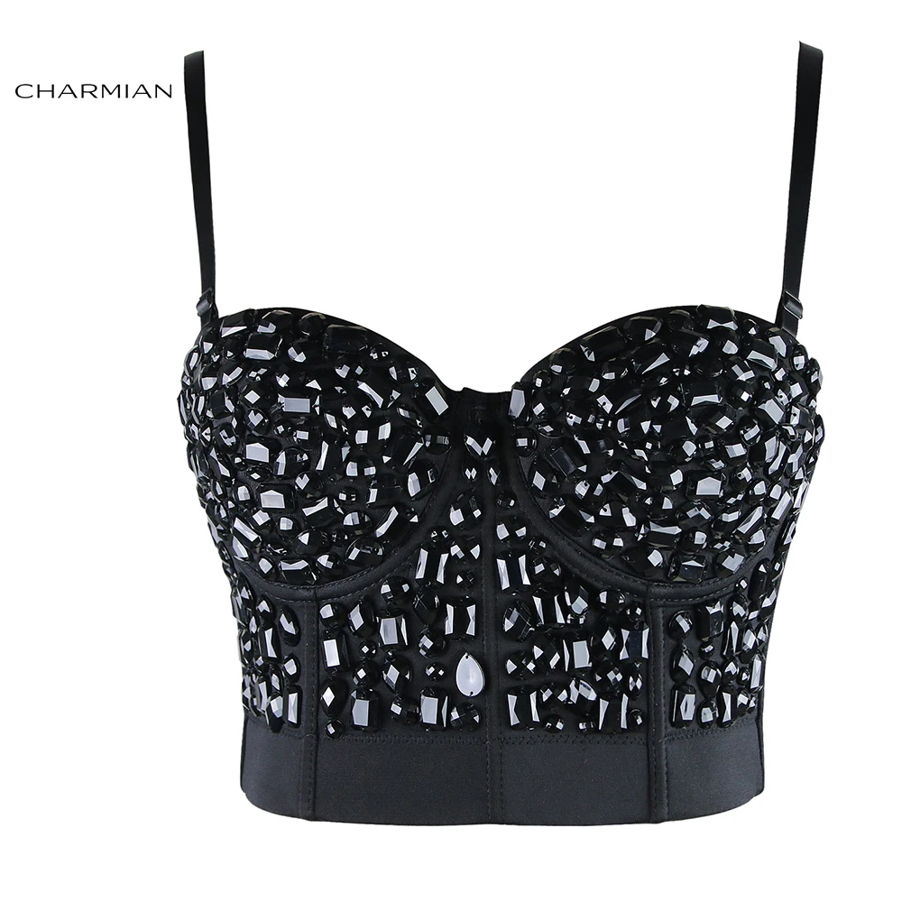 Black Bra Top Charmian, женский сексуальный бюстье с косточками в стиле панк, укороченный топ, серебристые бусы, Бурлеск, Клубная Танцевальная вечеринка, Корректирующее белье, корсеты и бюстье - Цвет: Black Bra Top