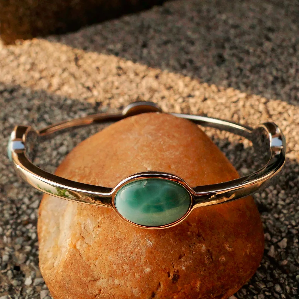 

DJ CH Natural Stone Blue Larimar Bracelet Bangle Valentine's Day Present Jewelry for Girls 925 Sterling Silver Bangle