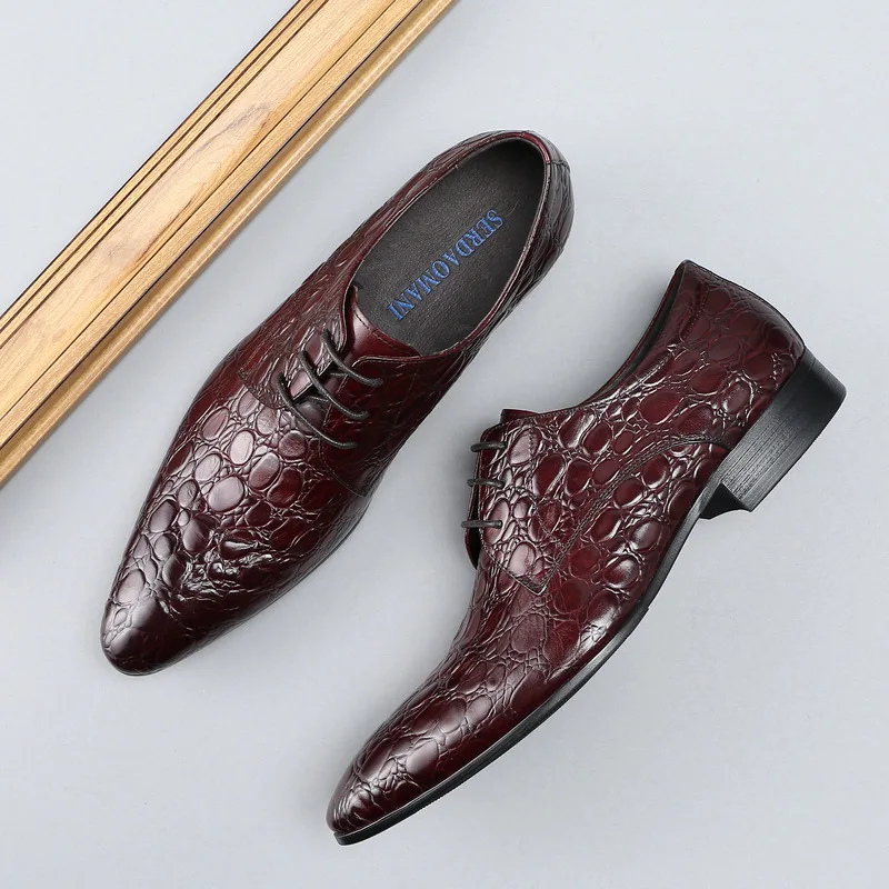 

2019 Genuine Leather Fashion Men's Casual Crocodile Pattern Business Flat Shoes England Trend Leisure Lace Up Leather Shoes