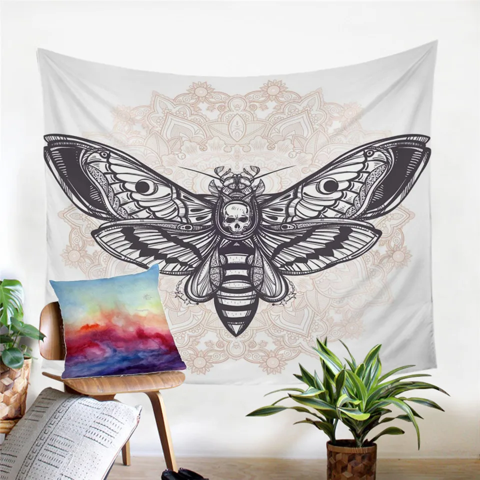 Постельные принадлежности Outlet Death Moth гобелен череп декоративные настенные черно-белые покрывала бабочка готические простыни 130x150 см