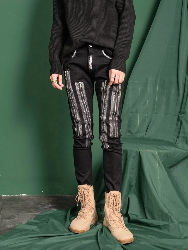 

Winter slim matching jeans male zip trim Korean version tight skinny skinny pencil boot pants. M-3XL