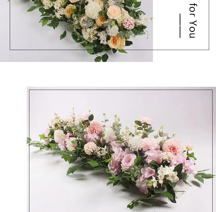 50cm Length DIY Arch Flower Row Silk Flower with Foam Acanthosphere Rose Peony Mix Flower for Wedding Backdrop Decoration