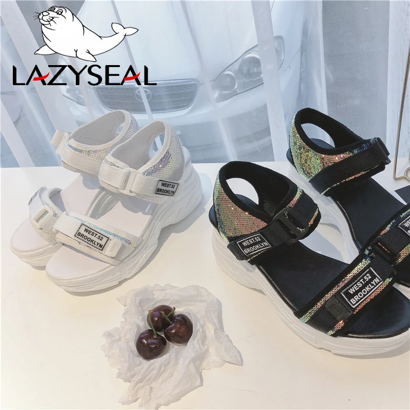 LazySeal; Новинка; босоножки на танкетке; женская обувь из блестящей ткани; Босоножки на платформе на застежке-липучке; обувь на толстой подошве; женская обувь; sandalias