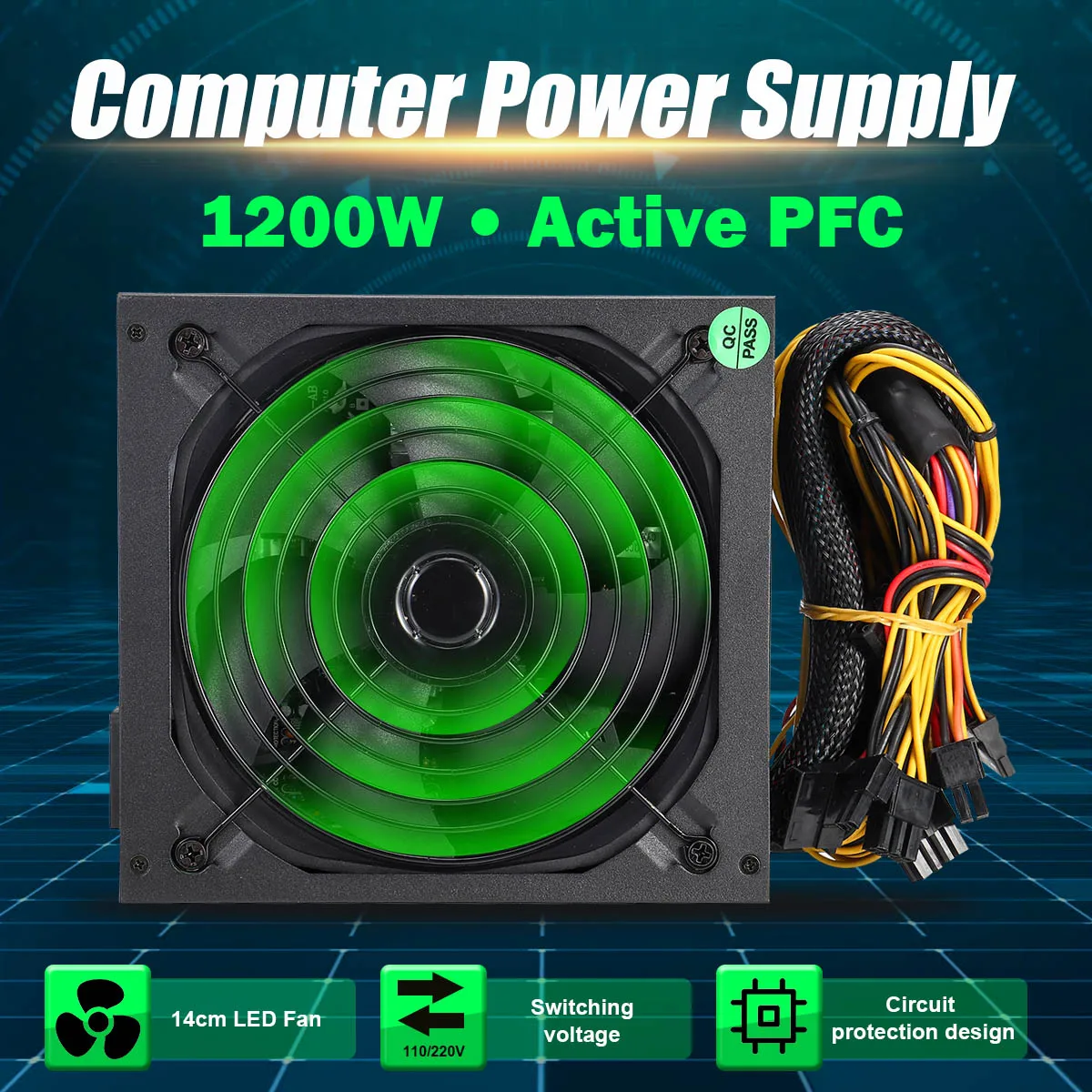1200 Вт PFC PC источник питания 140 мм тихий светодиодный вентилятор 24 Pin PCI PSU SATA 6Pin 4Pin ATX