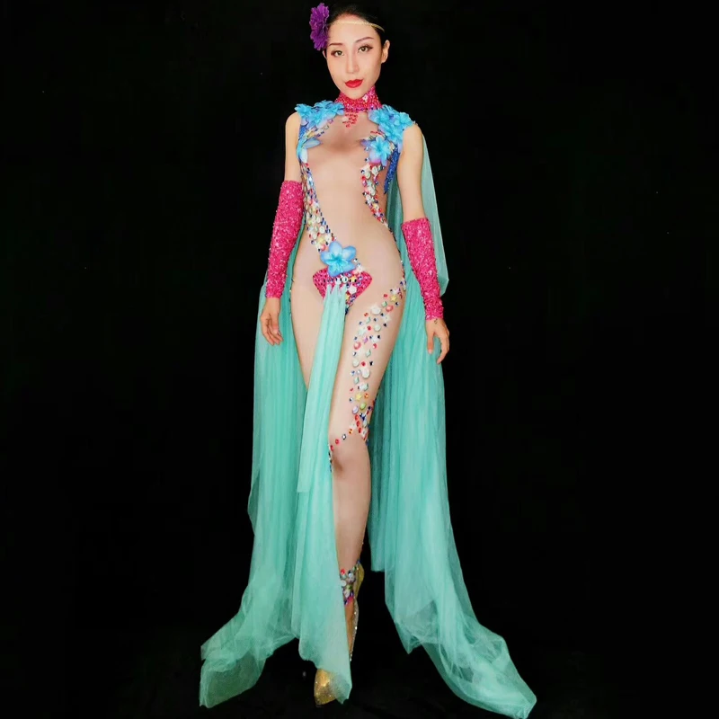 Сексуальный прозрачный комбинезон Zentai Стразы с марлевым рукавом танцевальный