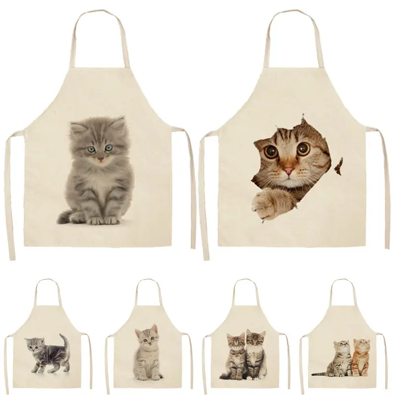 

1Pcs Lovely Cat Pattern Kitchen Apron for Women Cotton Linen Bibs Household Cleaning Pinafore Home Cooking Aprons 53*65cm Q0009