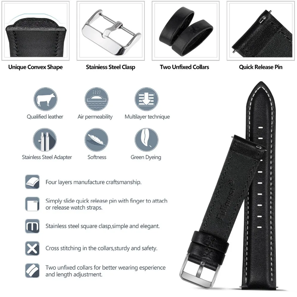 Genuine Leather Watch Band Fullmosa 18mm Quick Released Wristband Strap for Smart Watches Galaxy Watch 4 Men Women 20mm Strap