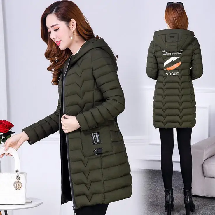 

Vogue Women Autumn Winter Jacket Parkas 2019 printing Solid Medium Long Outerwear Slim Plus Size 6XL Female Down Cotton Jacket