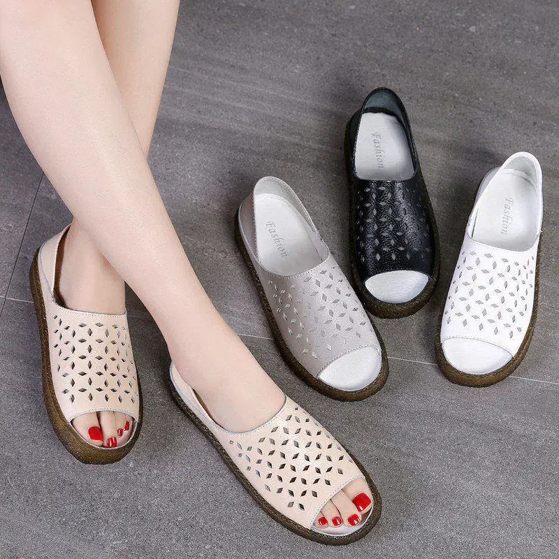 New Hollow Woman Sandals Cut Outs Women Summer Shoes Genuine Leather Female Flats Beach Women's Loafers Big Size 35-44 dobeyping | Обувь