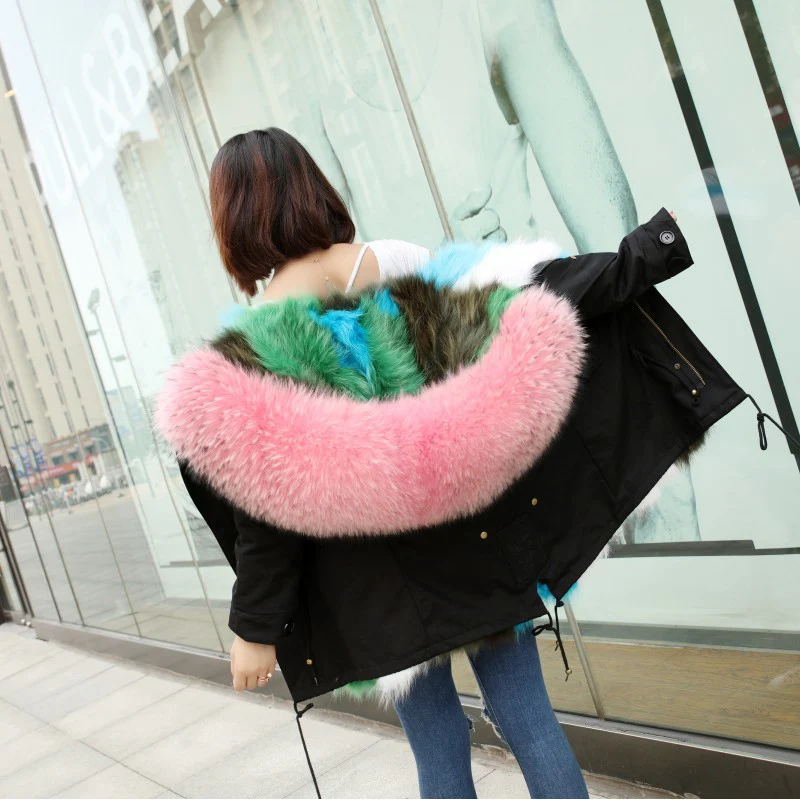 

Rainbow Color Real Fox Fur Lined Thickening Warm Winter Coats Women Natural Raccoon Fur Collar Hooded Parkas Woman Fur Jackets