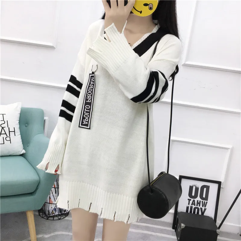 Осень Новый корейский вариант письмо и полосы украшения Длинные рукава Сплит