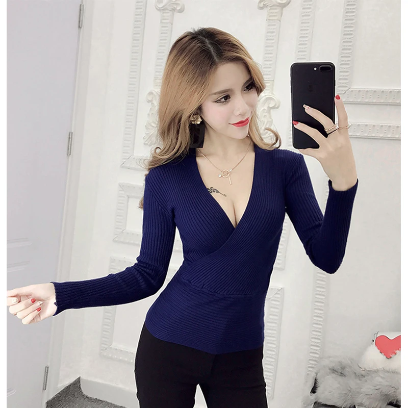 2021 New Sexy Deep V-Neck Ladies Sweater Women's Pullover Casual Slim Bottoming Sweaters Female Elastic Cotton Long Sleeve Tops | Женская