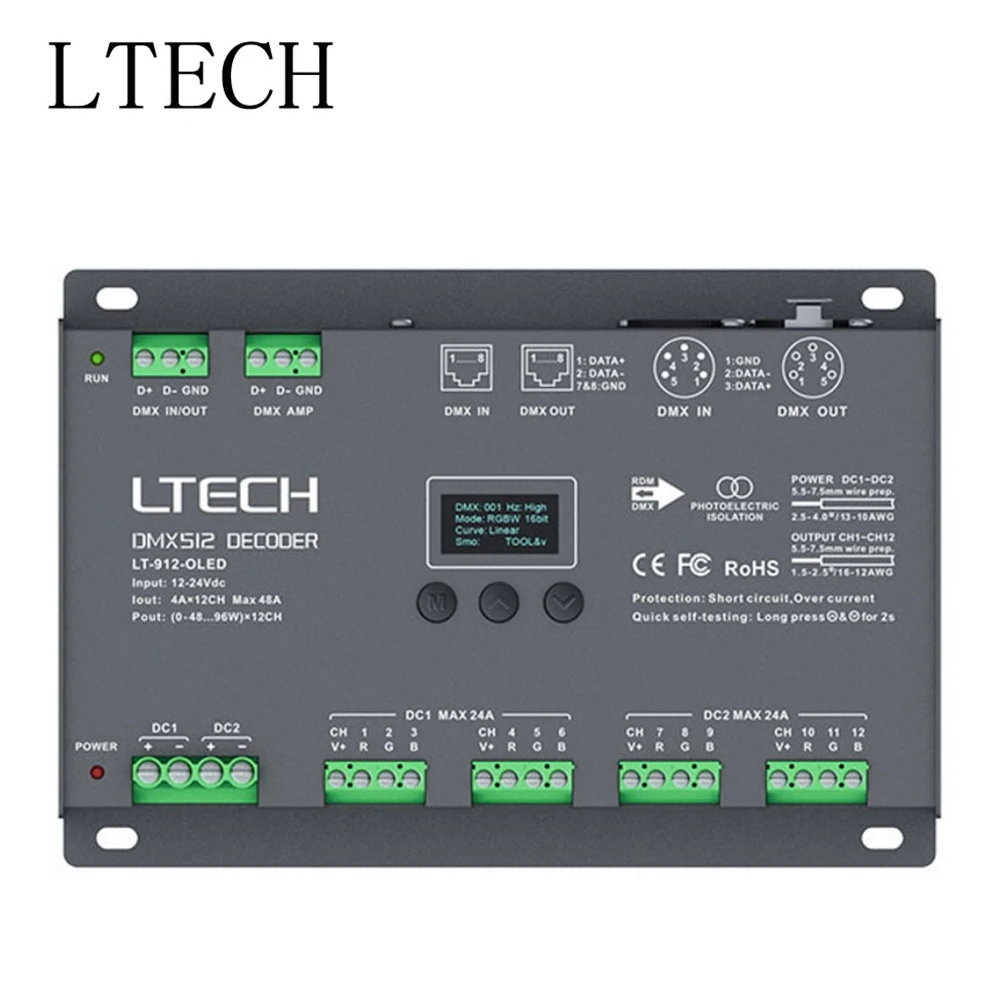 LTECH 12CH CV DMX Decoder LT-912-OLED 12 Channel RGB/RGBW Led Controller DC12-24V Input 4A*12CH Output XLR-3/RJ45 | Лампы и освещение