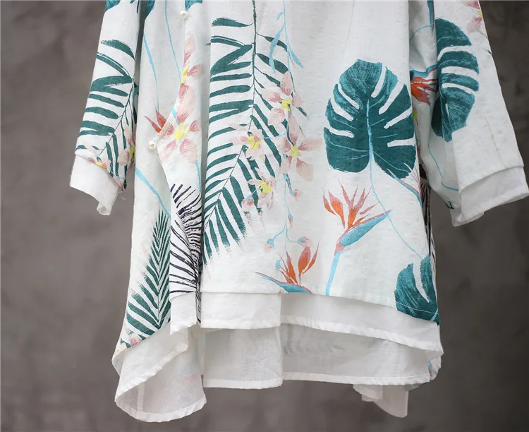 Винтажная льняная рубашка с зеленым листом и цветочным принтом