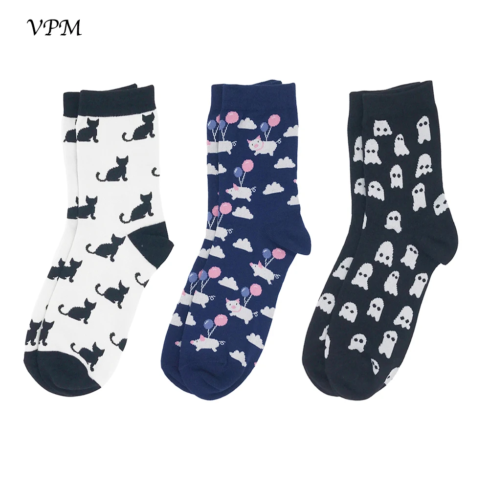 VPM/3 пары/партия, теплые женские носки, сезон осень-зима, разноцветные забавные носки с рисунками милых животных, собак, кошек, лисы, динозавров - Цвет: 1403
