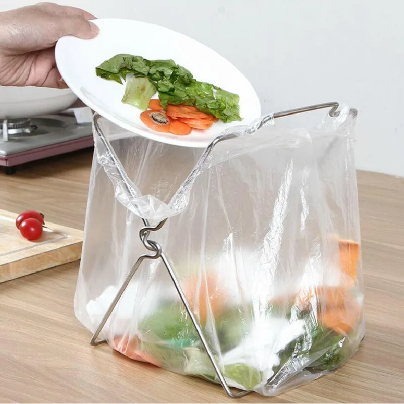 

050 Stainless steel kitchen garbage bag rag rack foldable storage rack plastic bag rack, garbage bin bracket 27*17cm
