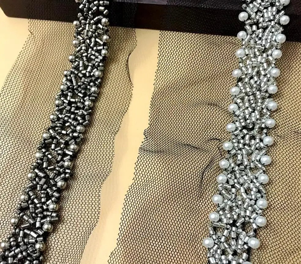

2Yard Handmade Beaded Pearl Tube Bead Mesh Lace Trim Ribbon For Apparel Sewing DIY Bridal wedding Dress Collar Doll Cap