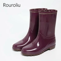 rouroliu women light comfortable flat heels non slip rainboots waterproof water shoes wellies mid calf rain boots woman rt313