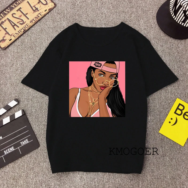 Женская Черная Футболка Melanin Poppin с принтом уличная одежда коротким рукавом