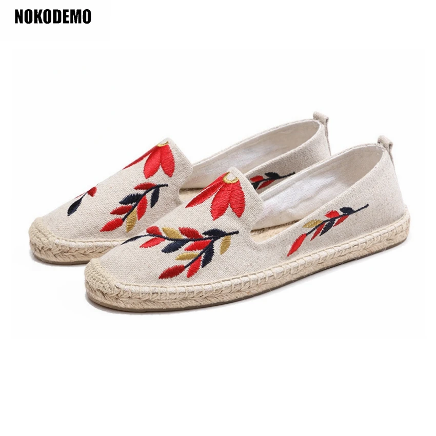 Women Embroidered Maple Leaves Hemp Espadrilles Ladies Female Slip-on Flat Shoes Woman Flats | Обувь