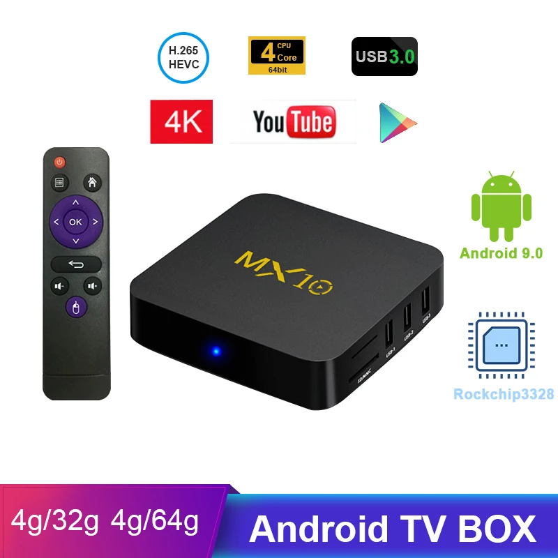 ТВ приставка MX10 на Android RK3328 4K 8 1/9 0 USB3.0 4 + 32/64 ГБ Wi Fi|ТВ-приставки и медиаплееры| |