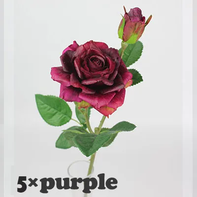 3/4/5 штук в партии(1Bloom+ 1Bud) цветные свадебные/вечерние/украшение дома искусственный шелк Настоящее прикосновение роза цветок - Цвет: 5 purples