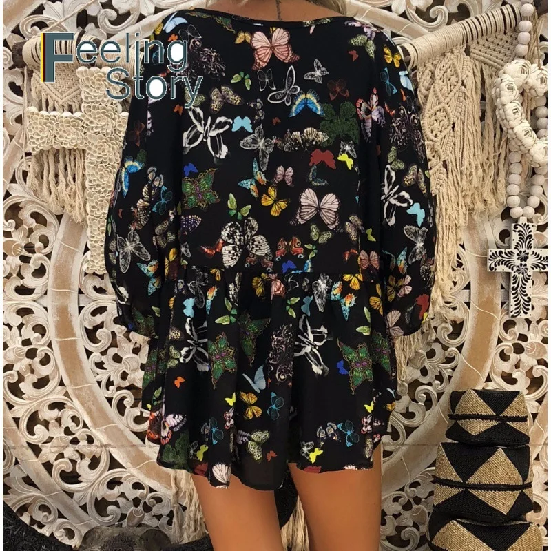 5X плюс Размеры Boho Для женщин s Топы и блузки 2019 Бабочка Топ с принтом рубашка