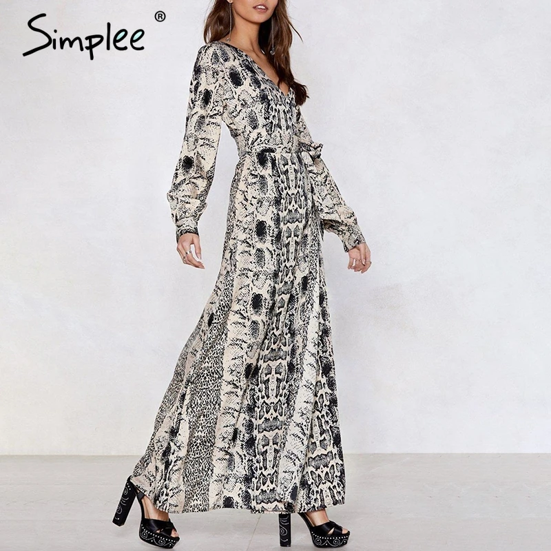 Женское шифоновое длинное платье Simplee со змеиным принтом с V образным вырезом и