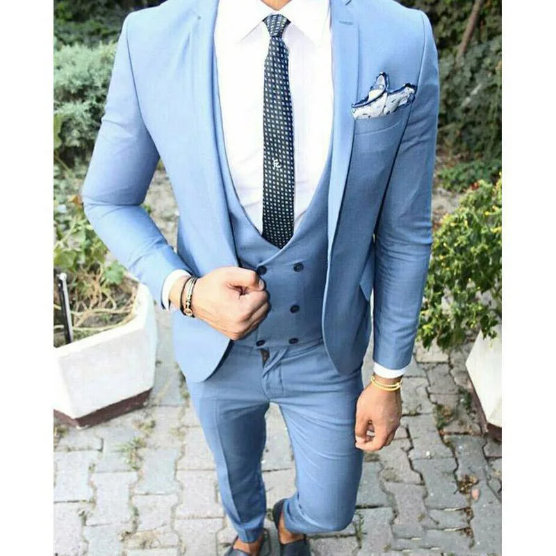 2019 Blue Fashion Men Casual Party Prom Suits Slim Fit Custom Suits Men 3 Pieces Formal Grooming Tuxedo Suits Blazer Vest Pants