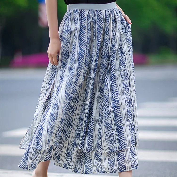New Flowing irregular culotte summer trousers with batik cotton and linen wide pants loose double layer printed pantalon | Женская