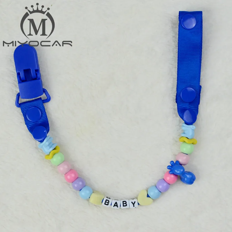 MIYOCAR Персонализированные-любое имя синие Бусины с синими Grosgrain соска зажимы держатели для сосок цепи фиксатор/зажим для прорезывателя