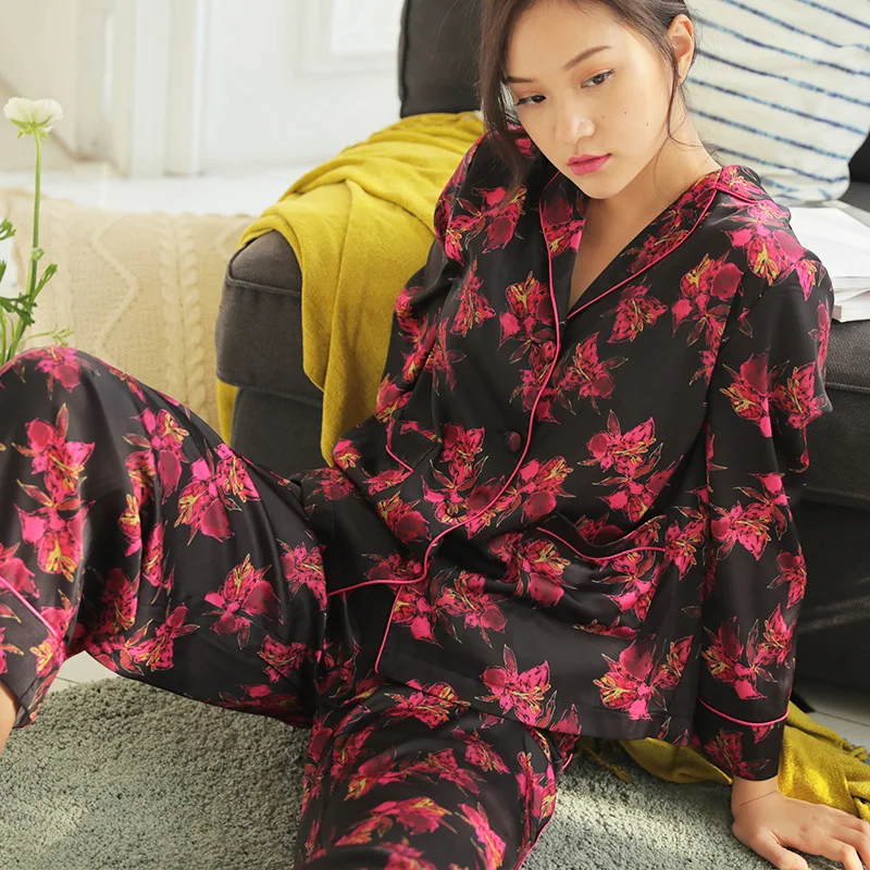 

New Spring Silk Pajamas for Women Long Sleeve Cardigan Loose Sexy Lingerie Pyjamas Floral Printing Pijama Mujer Home 2-piece Set