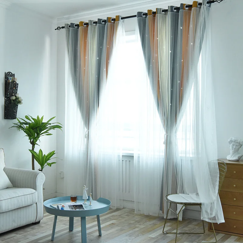 orange grey 1PC Готовая занавеска в стиле принцессы, занавеска для гостиной, двухслойная занавеска с полой звездой, затемненная занавеска для спальни, Современная оконная занавеска - Цвет: orange grey 1PC