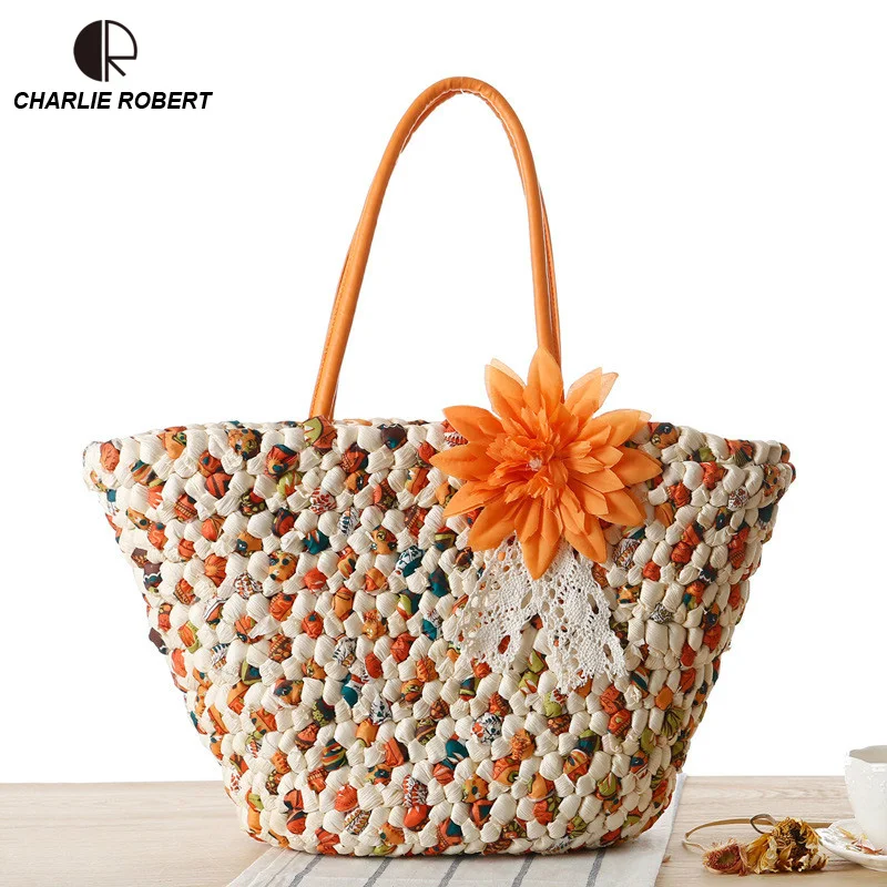 

2019 New Beach Summer Style Women Lady Top-Handle Handmade Rattan Bags Floral Straw Criss-Cross Hollow Out Knitting Casual Tote