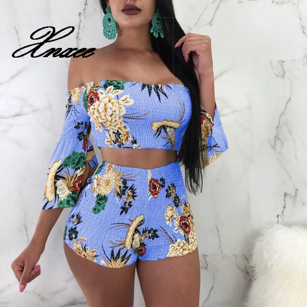 

2020 women's hot sale fashion print one shoulder trumpet sleeve two-piece