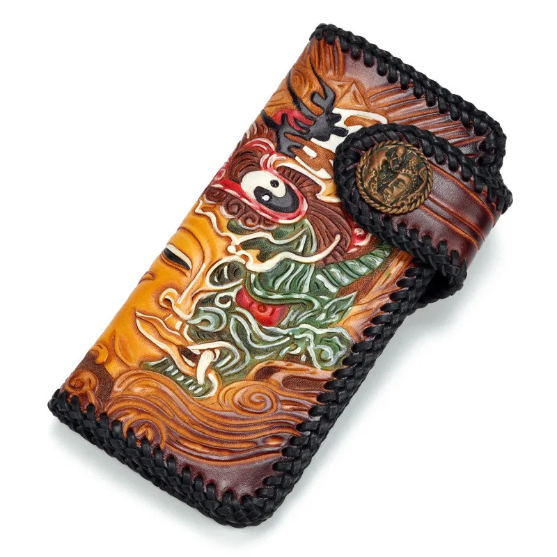 Handmade Knitting Men Genuine Leather Card Holder Bodhisattva Demon Wallets Bag Purses Clutch Vegetable Tanned Leather Wallet