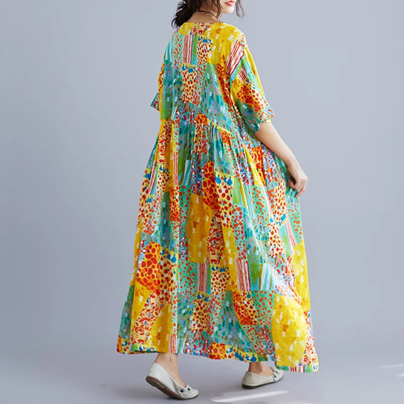 Летнее женское хлопковое длинное платье с длинными рукавами и принтом в горошек