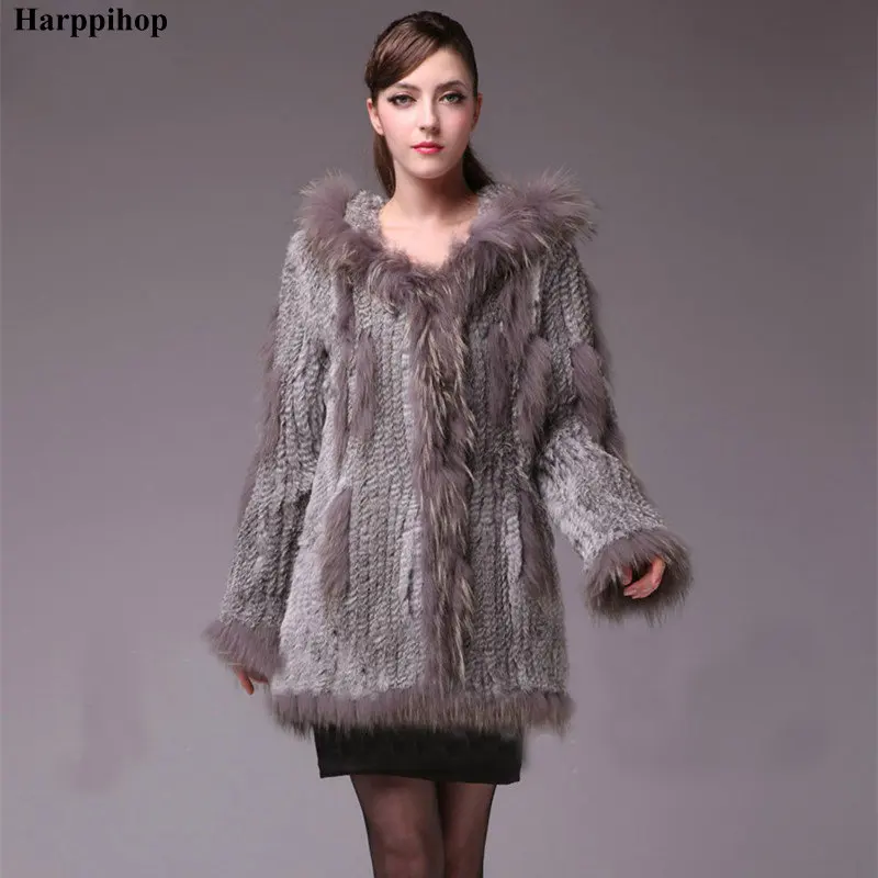 Real Fur Coat With Hood 2023 lady knitted Real rabbit fur coat/ jacket/ outware with hood women belt long with tassels