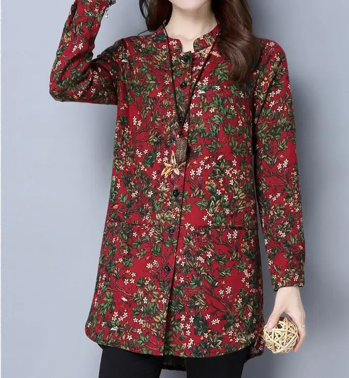 

M-XL Hot Spring Women New Fashion Floral Pure color cotton shirt long big yards of cultivate one's morality