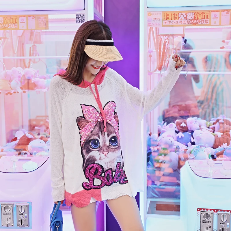 Для женщин 3D Кот пайетки трикотаж видеть сквозь тонкий свитер с капюшоном Цвет