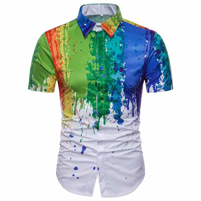 Рубашка с рисунком краски для мужчин, шелк, хлопок, Camisa, мода, летние мужские рубашки с принтом, короткий рукав, мужские платья, рубашки высокого качества - Цвет: Photo Color