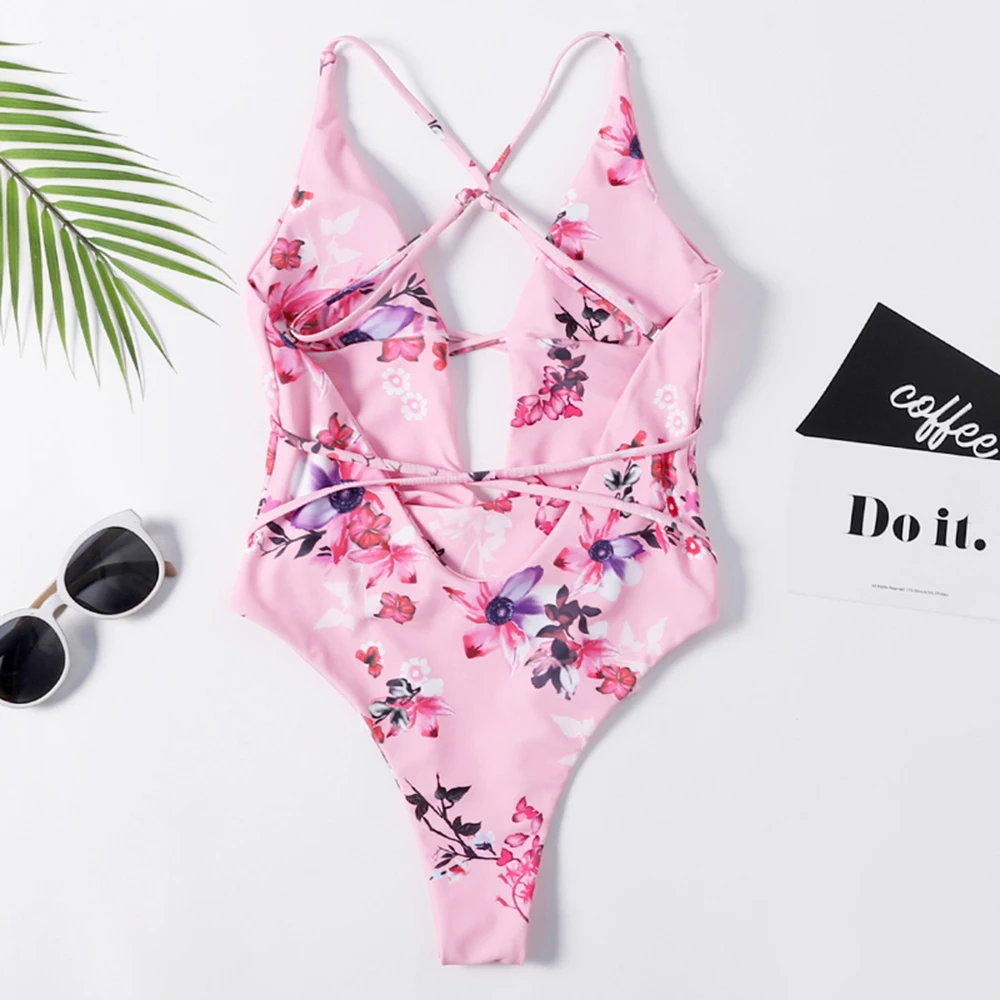 Exclusive Design Sexy Floral Print Swimsuit Women Bandage Backless One Piece Halter Top Beachwear Swimwear Bathing Suit |