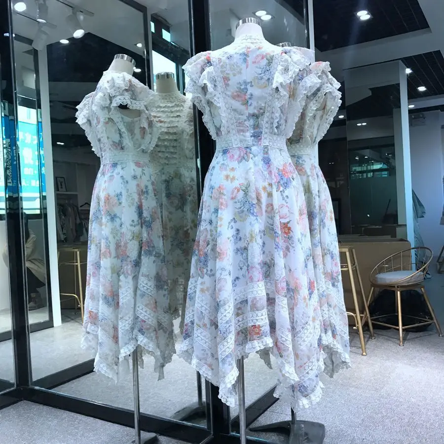 New 2020 Summer Women Elegant Floral Printed Ruffles Lace Chiffon Patchwork Pleated Long Dress High Quality Runway E800 | Женская одежда