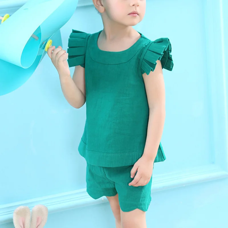 

Two Piece Wooden Ear Sleeve Girl T-Shirt Solid Color Shorts Kids Set Casual Pants Summer Clothes AN88